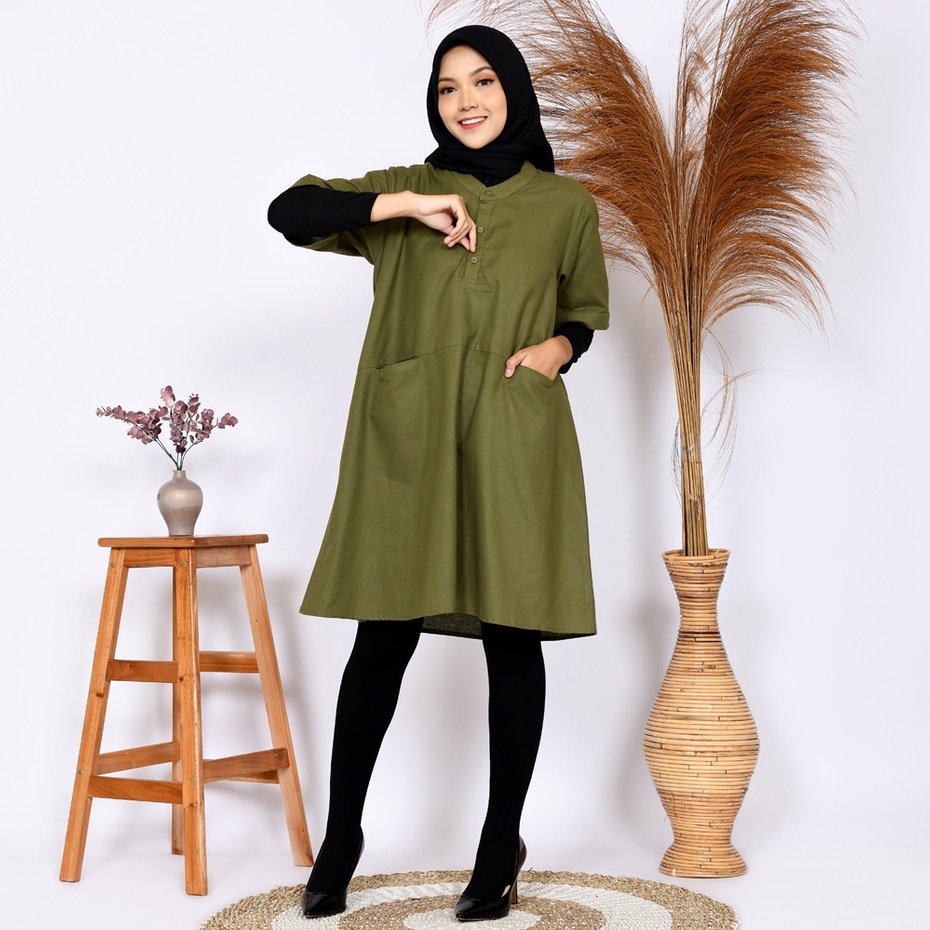 Dress Casual Wanita Oversize bahan Linen Rami Maxi Dress Kantor Simple