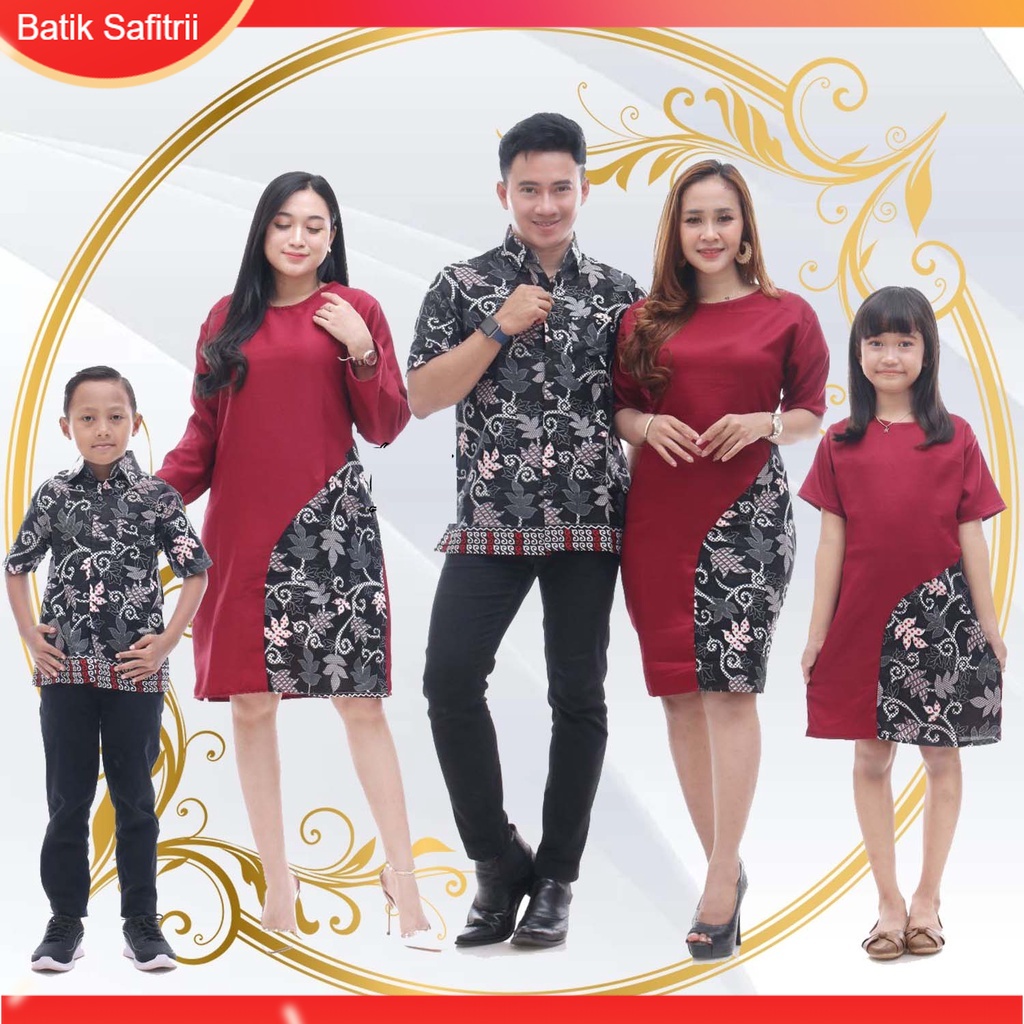 Couple Keluarga - Batik Kombinasi Keluarga Natal - Ibu Bapak Anak - Motif Moscrep Merah Marun - Dres
