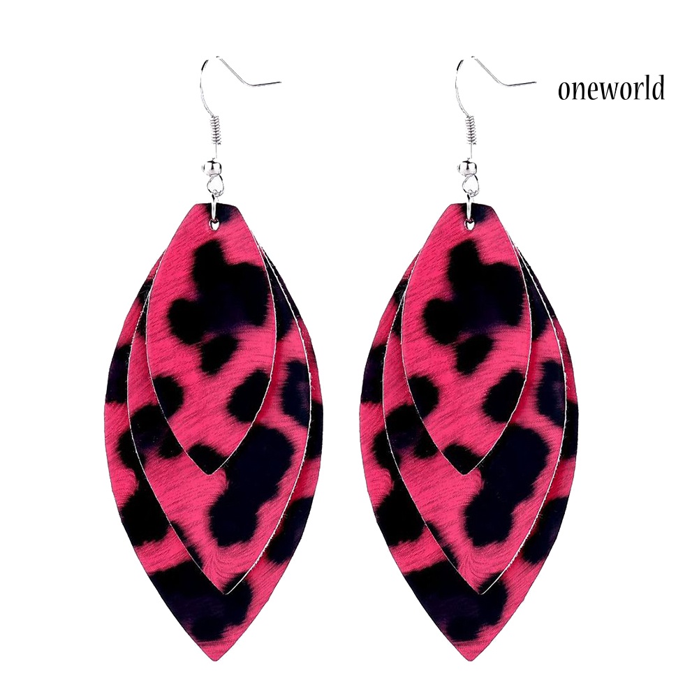 OW@ Women Leopard Triple Layer Leaf Shape Faux Leather Long Dangle Hook Earrings