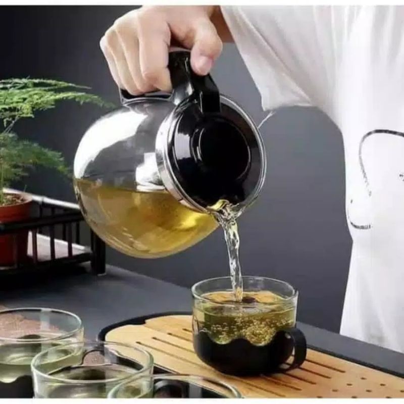 TEAPOT / TEKO SET GELAS BAHAN KACA + PENYARINGAN / 5 IN 1