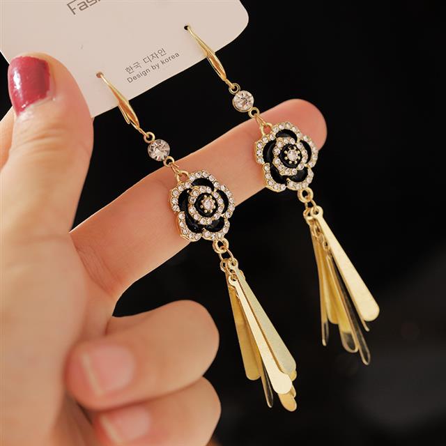 Korea fashion style hitam mawar berpayet rumbai panjang hot jual temperamen anting-anting trendi Kor