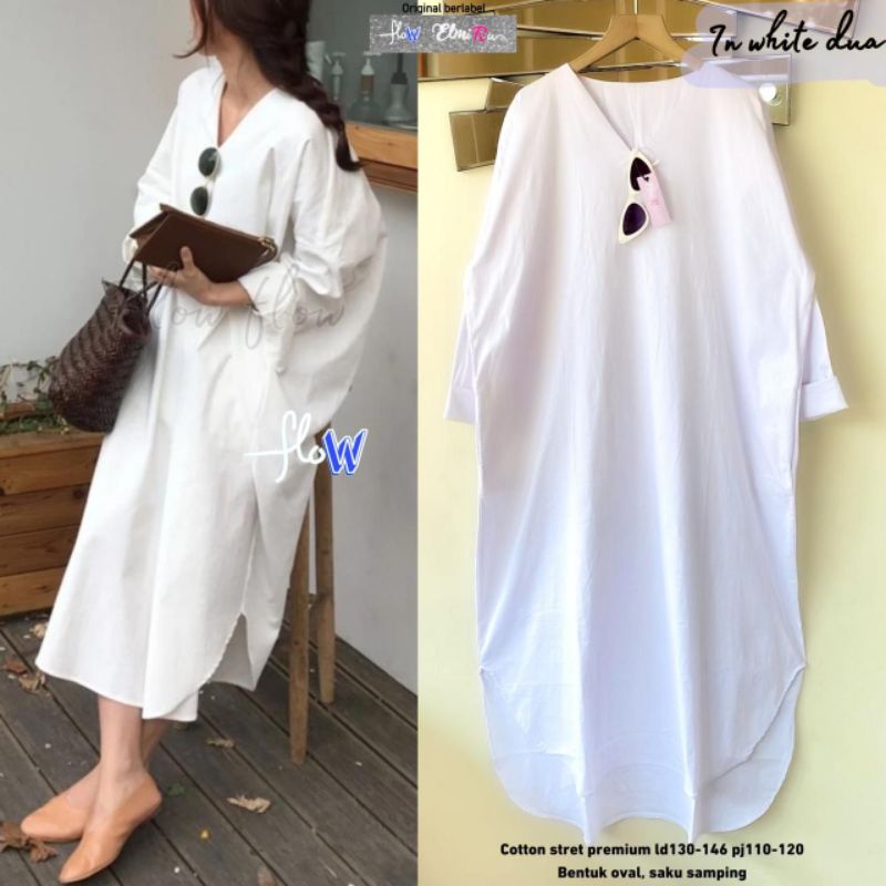 Inwhite Inblack Dua Long Tunik Midi Polos Hitam Putih Katun Poplin Ld 130 Jumbo Fit XXXL By Flow