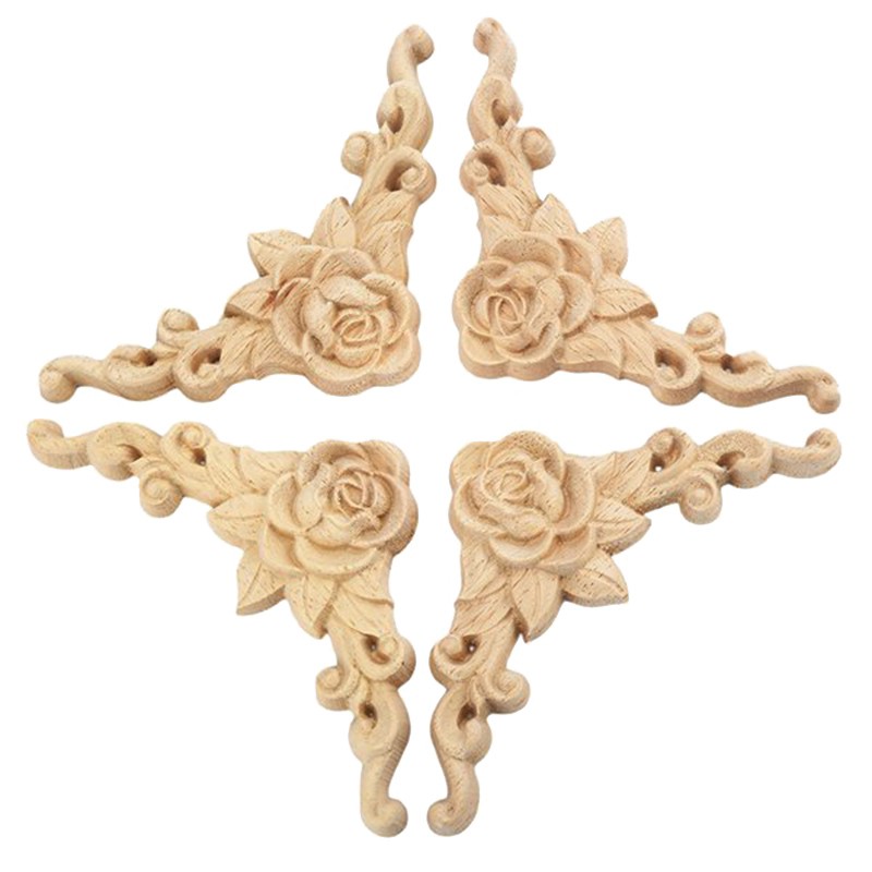 4pcs Rose Floral Wood Carved Decal Corner Applique Decorate Frame