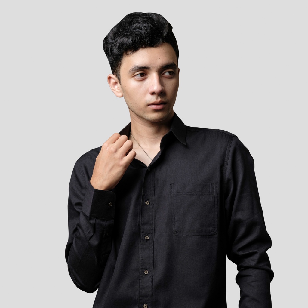 BESTMAN Kemeja Pria Hitam Basic Polos Lengan Panjang Pure 100% Cotton Linen Fabrizio