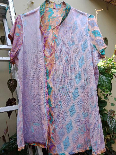 Batik Repose27 Batik Wanita Blouse Kombinasi Asimetris Shanghai Kerja Modern Pastel Ungu