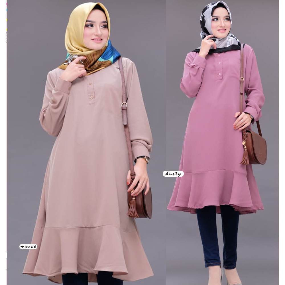 Baju Tunik atasan muslim VIOLA TUNIK Polos Kancing tali kerut warna linen madina lengan panjang