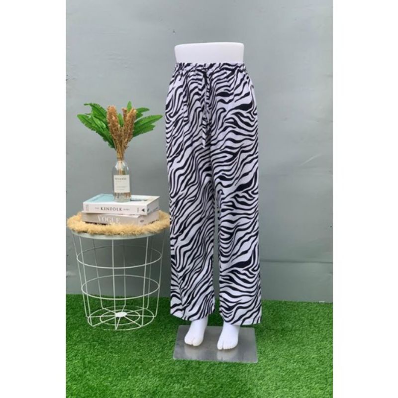 CELANA KULOT PANJANG WANITA TALI POLOS & MOTIF ZEBRA BAHAN RAYON MURAH-Zebra HITAM FIT XL