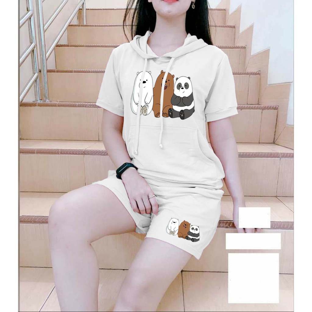 Tq88indonesia Baju Setelan Wanita Terbaru / Set Panda  / Baju Set Kaos Cewek Terbaru / Stelan Santai Cewek / Set Celana Pendek / Ootd / Outfit Terbaru