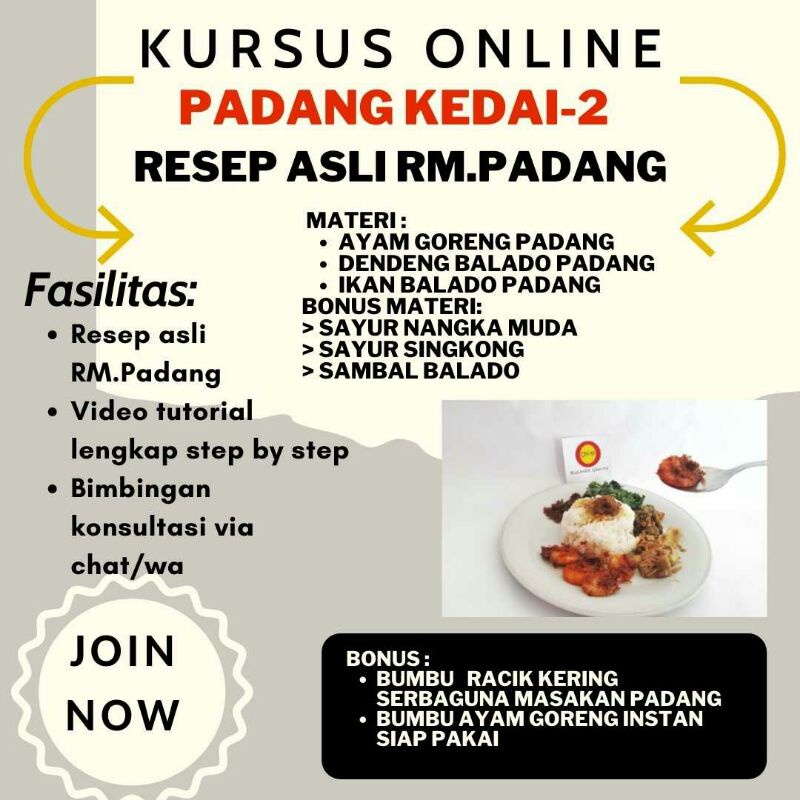 

E-Course Menu Kedai Masakan Padang Part 2, Bonus bumbu seharga 70 Ribu resep asli RM.Padang