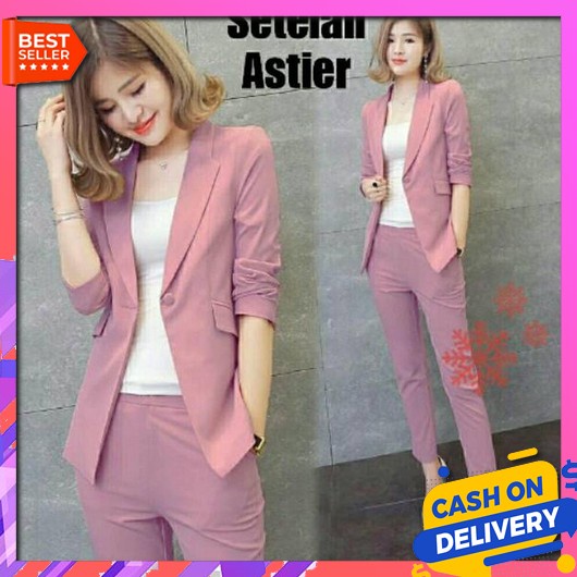 Blazer Mewah Jas Kerja Kekinian Wanita Outer Kasual Premium Stelan Bla Set Blazer Astier Vt/Stelan