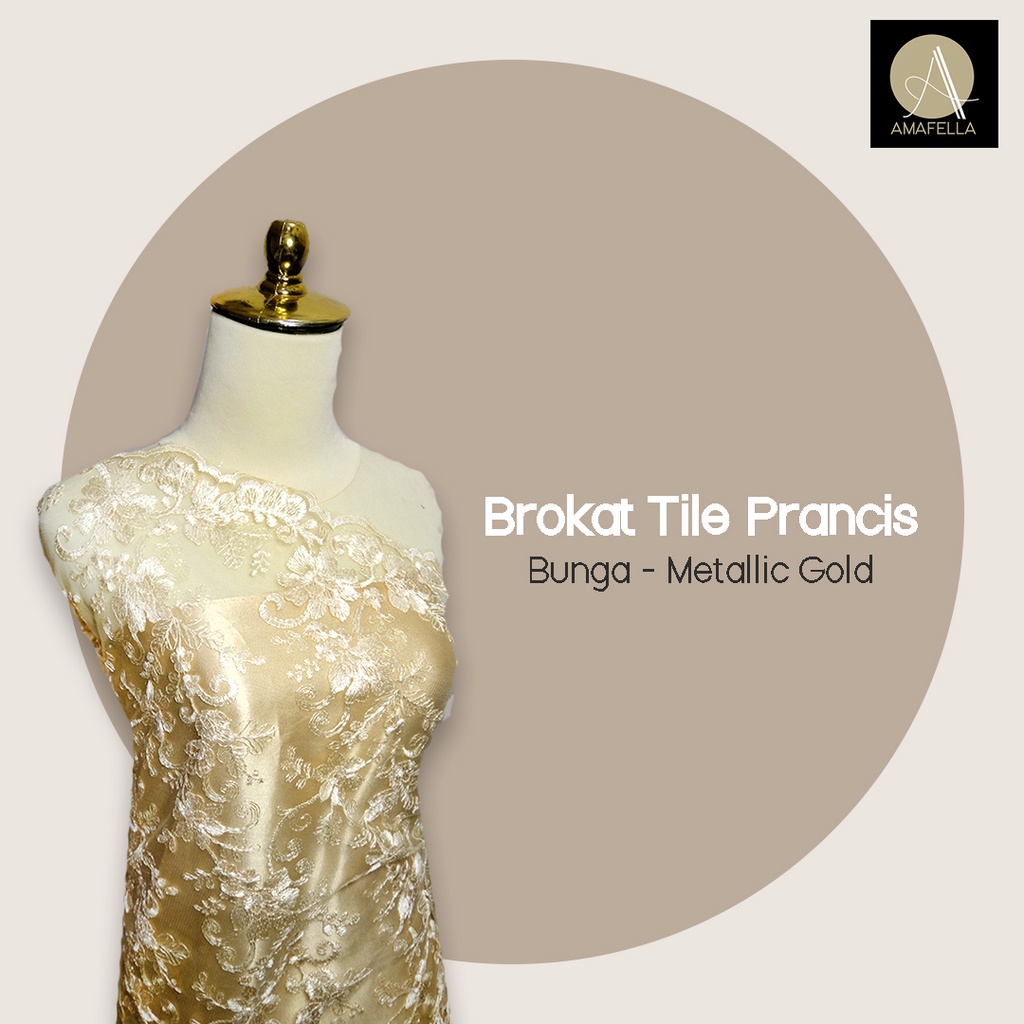 1/2 meter Kain Brokat Tile Prancis Bahan Kebaya Motif Bunga Gold