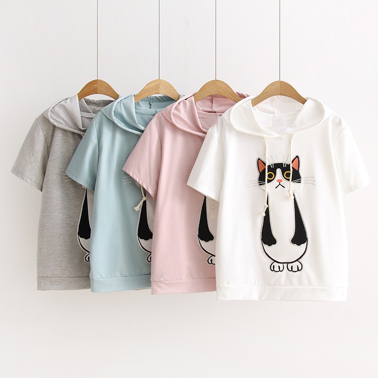 Bess - Sweater Hoodie Crop Lengan Pendek CAT STAND