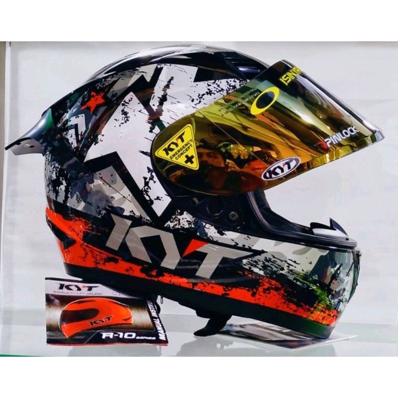 HELM KYT R10 PAKET GANTENG SERI 3 BLAK/RED ORIGINAL-Visor gold