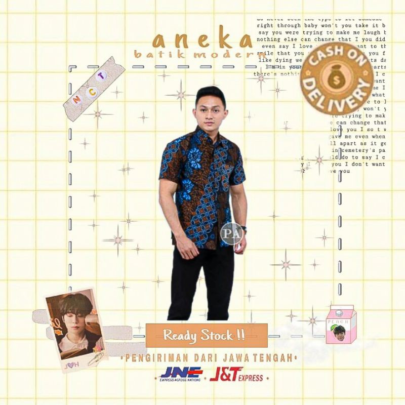 ATASAN HEM KEMEJA BATIK COWOK WARNA BIRU ELEKTRIK DONGKER LENGAN PENDEK M L XL XXL JUMBO BIG SIZE
