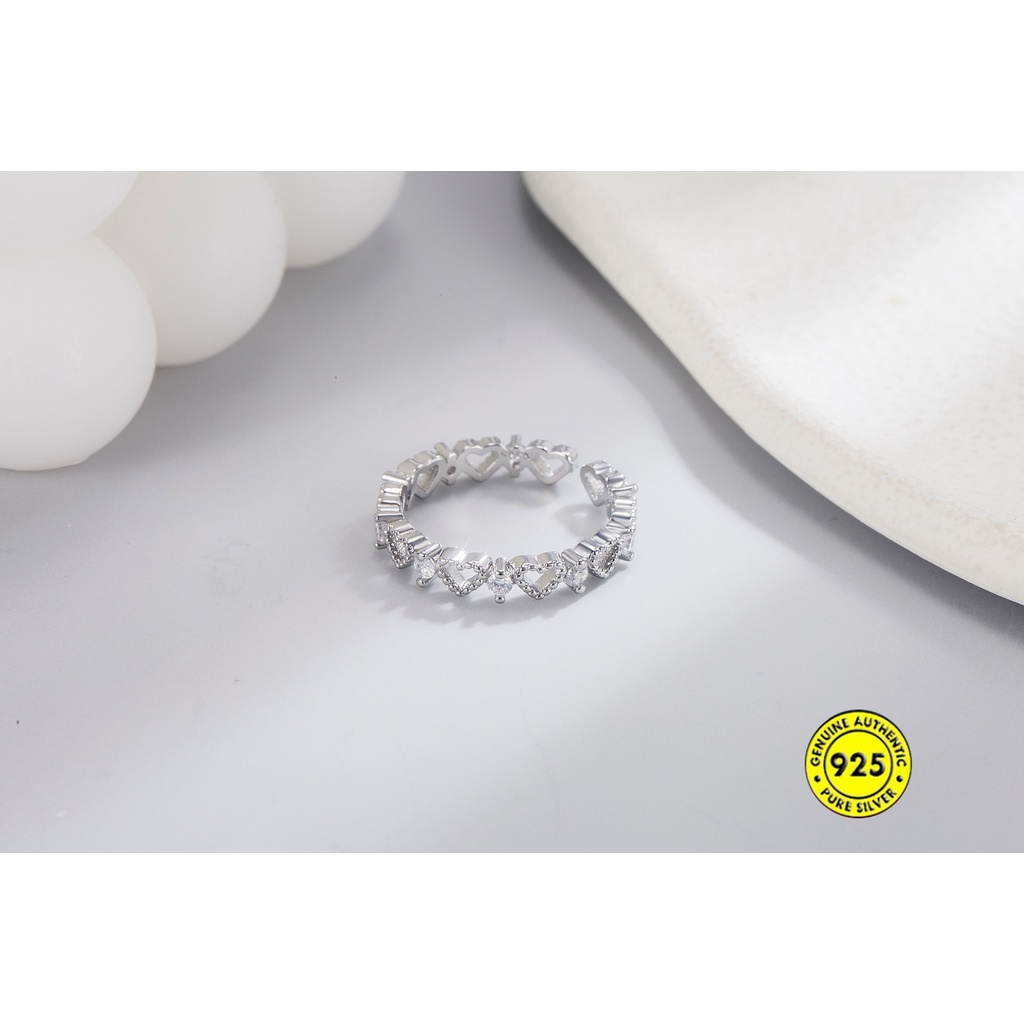 Cincin Model Terbuka Bahan Sterling Silver 925 Desain Hati Hollow Hias Berlian Untuk Wanita