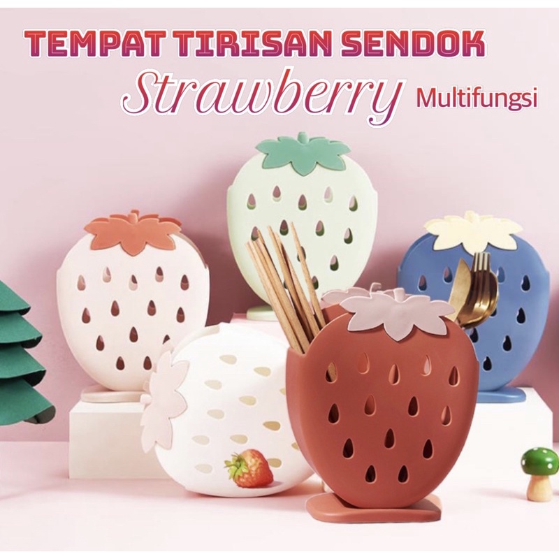 AZ Tempat Tirisan Sendok Garpu Motif Strawberry - Tempat stationary Multifungsi Serbaguna