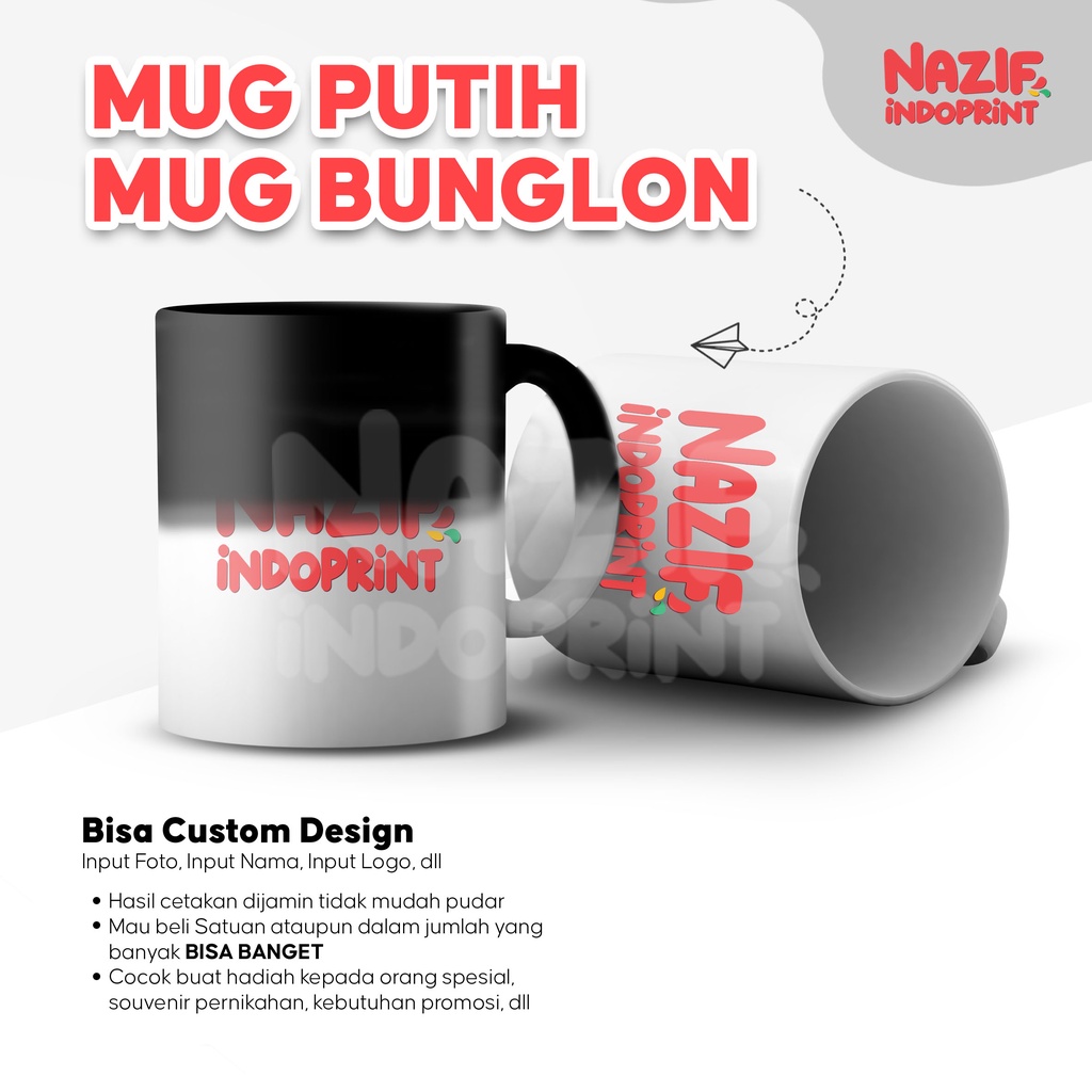 Mug Custom Nama Design, Custom Foto, Custom Logo, Mug Branding / Mug Putih & Mug Magic Bunglon Murah