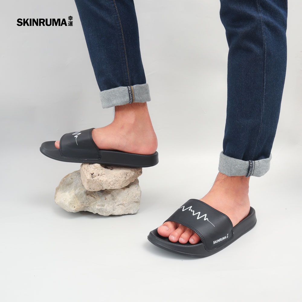 Sendal Selop Casual Pria SKINRUMA Heart Beat Motive Hitam / Sendal Slide Pria / Sendal Slip On Pria