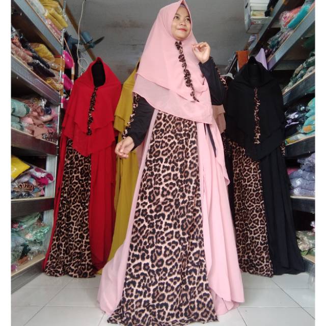 SET GAMIS SYARI BAJU MUSLIM HARIAN CREPE MOTIF LEOPARD MACAN KHIMAR CERUTY PET ANTEM BUSUI JUMBO ORI