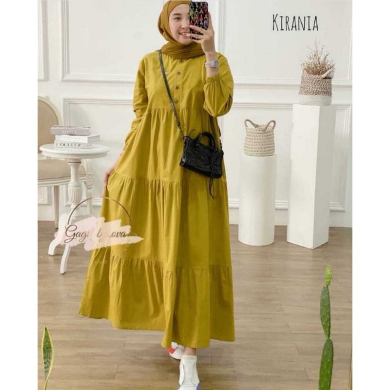 dress wanita midi dress kirania warna kuning polos gamis kekinia