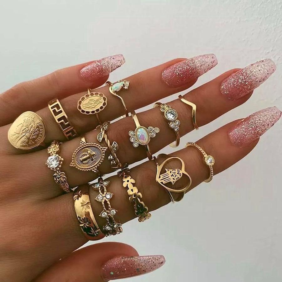 15 Pcs Cincin Bentuk Hati Warna Emas Gaya Bohemian Vintage Untuk Wanita