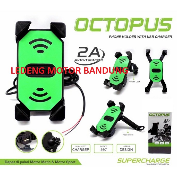 Holder HP Octopus 2in1 Chager USB 2a Stang Spion Motor Universal Bebek Matic Sport