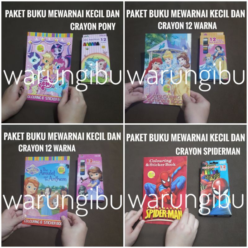Paket Murah Buku Anak Mewarnai Dan Stiker Set Crayon Karakter Pony Spiderman Sofia Princess