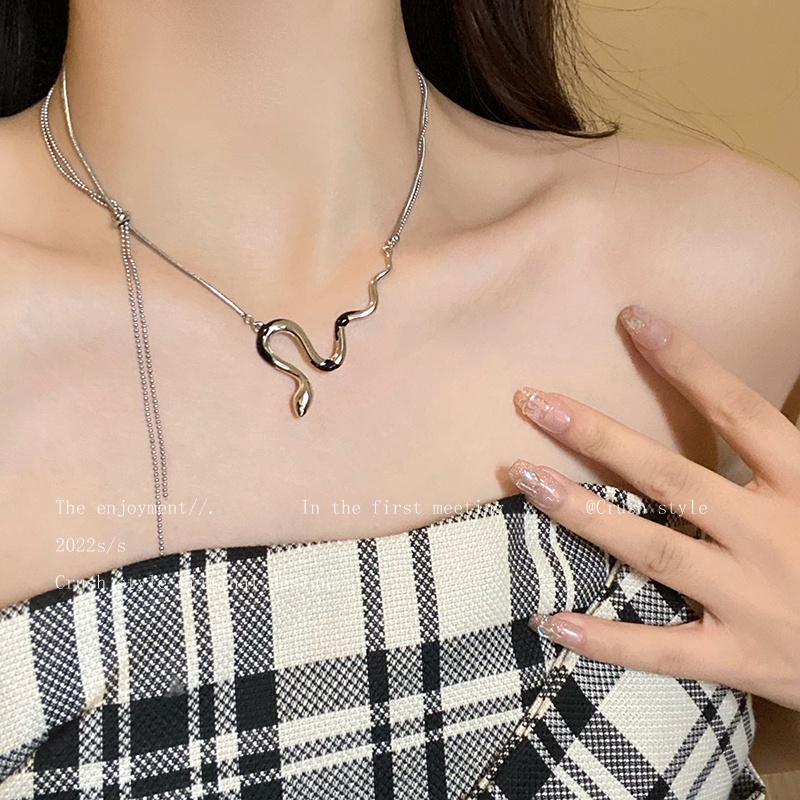 Kalung Choker Rantai Klavikula Liontin Ular Ganda Warna Silver Untuk Aksesoris Perhiasan Wanita