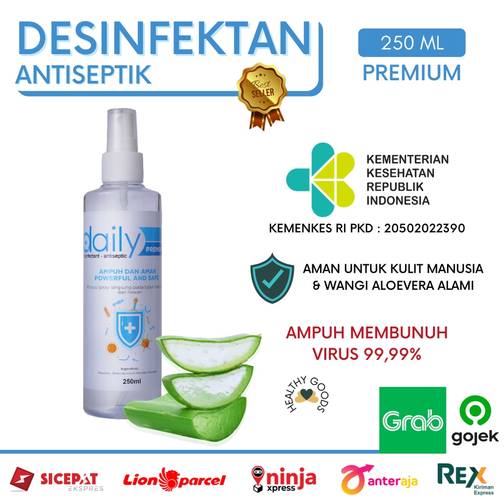 DESINFEKTAN DAILY PREMIUM ANTISEPTIC DISINFECTANT SPRAY 250ML (KEMENKES) ANTI VIRUS ANTIBACTERIAL