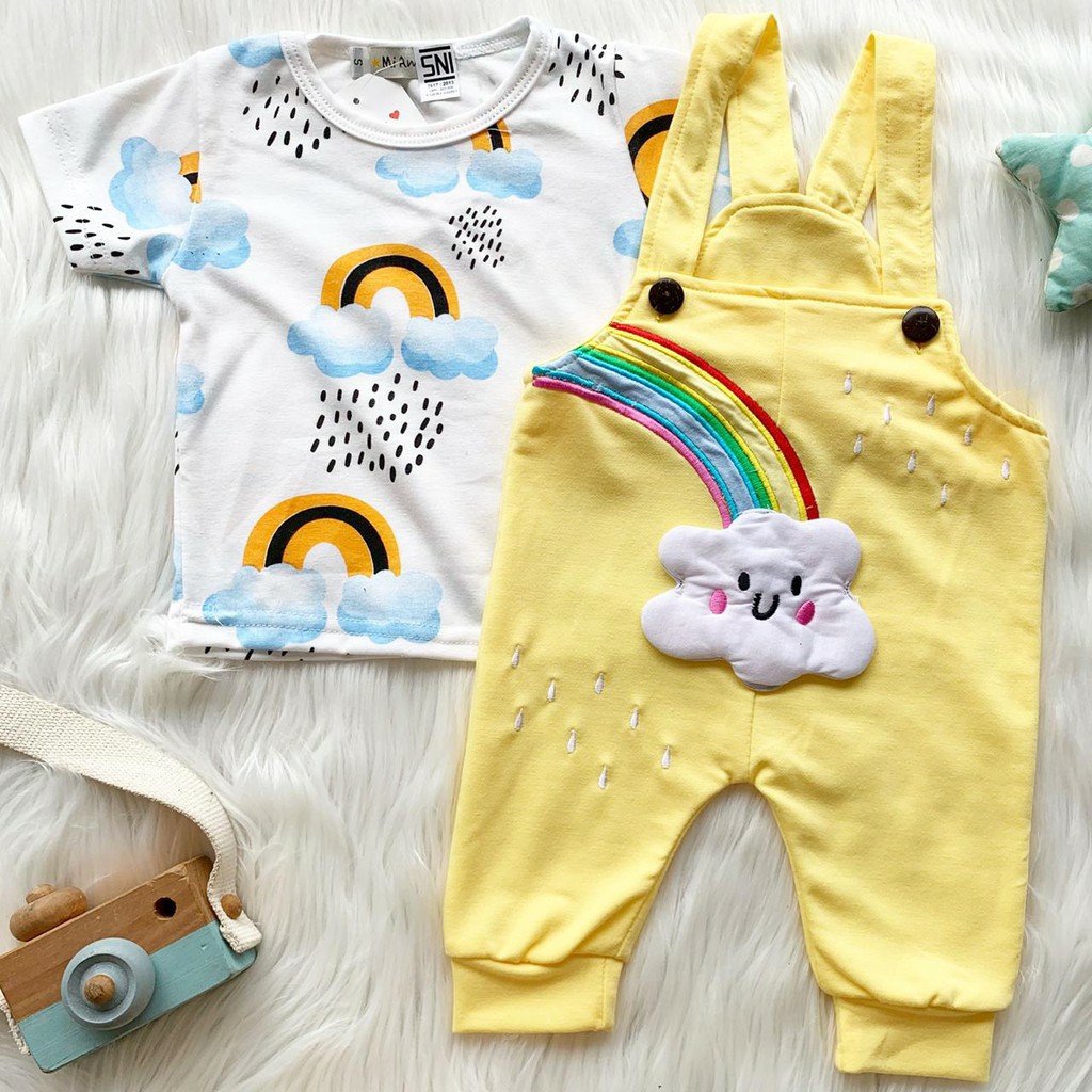 Setelan baju kaos dan overall kodok motif lucu bestseller fashion anak bayi cewek cowok murah -rai