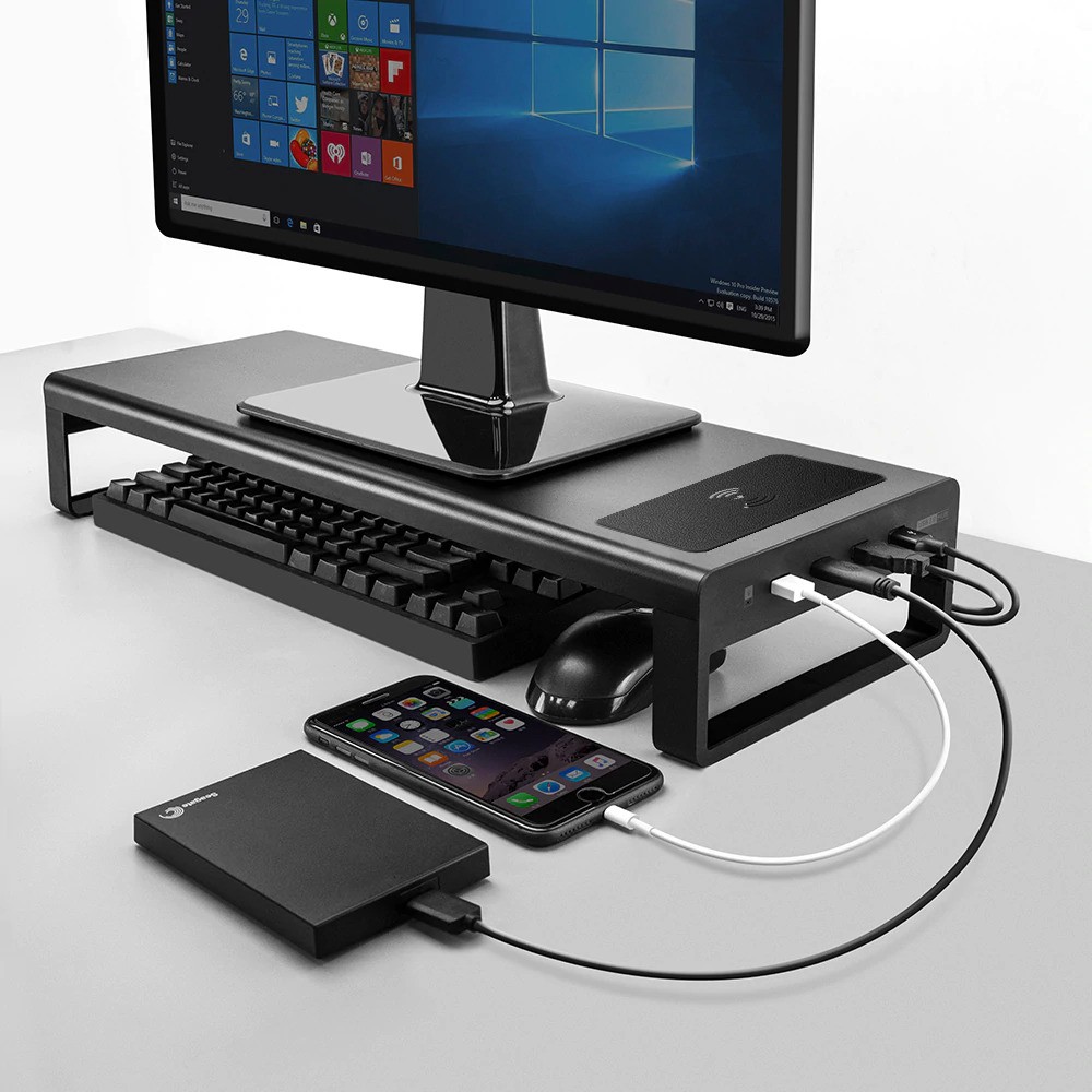 Meja Keren/ Meja Pintar / Meja PC / Meja Monitor Stand Riser Aluminium 4 Port USB 3.0 + Wireless Charging