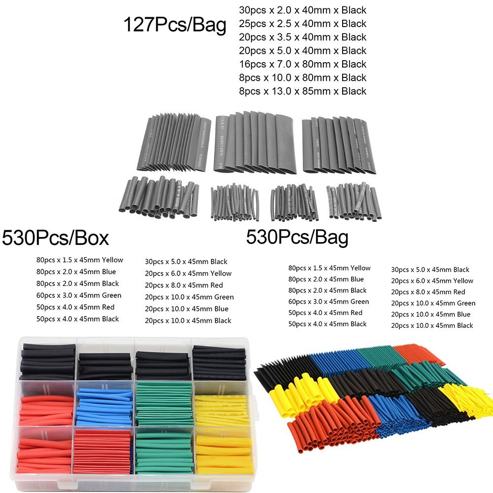 TOP 127/530Pcs Industrial Cable Sleeve Repair Tools Wire Wrap Kit Heat Shrink Tube Environmental Universal Flame Retardant Protective Protector Organizer