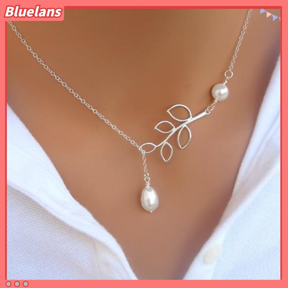 Bluelans Women Fashion Hollow Leaf Faux Pearl Pendant Clavicle Chain Necklace Jewelry