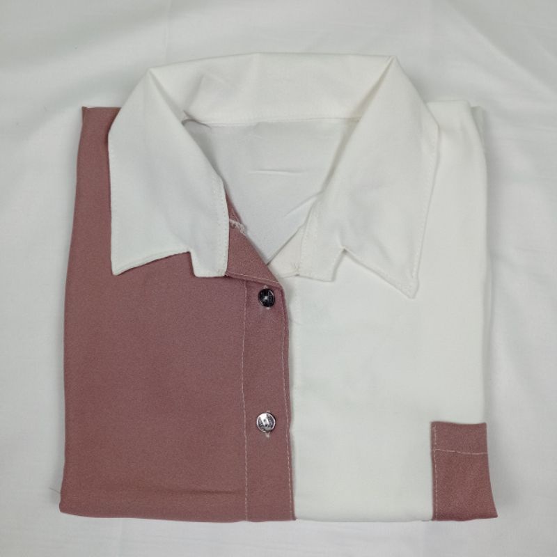 Atasan Blouse Kemeja Wanita Polos Basic Casual Kombinasi Warna Lengan Panjang Kekinian Korean Style Model Pinguin-2