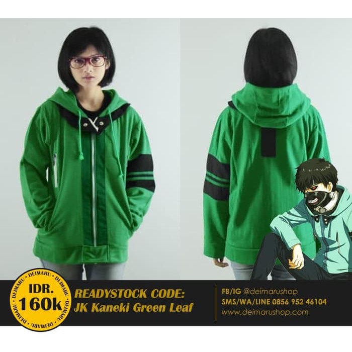 Jaket Anime Cosplay Ken Tokyo Ghoul Hoodie - JK Kaneki Green Leaf
