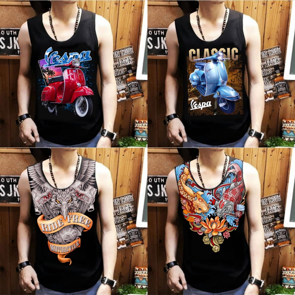 kaos tanpa lengan / singlet putih dan hitam motif gambar grafis keren