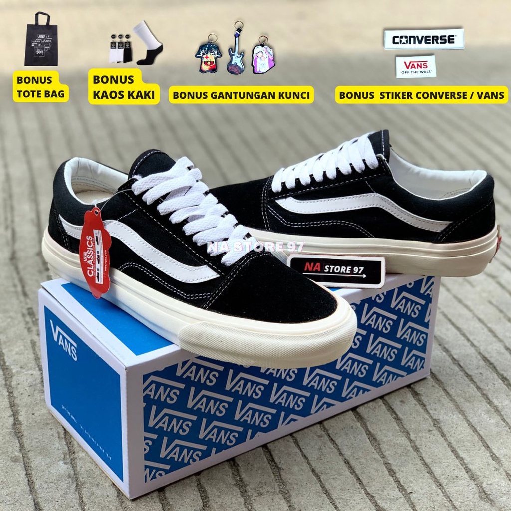 (GRATIS KAOS KAKI &amp; STIKER) Vans Oldskool OG Premium Quality Black White Sepatu Sekolah