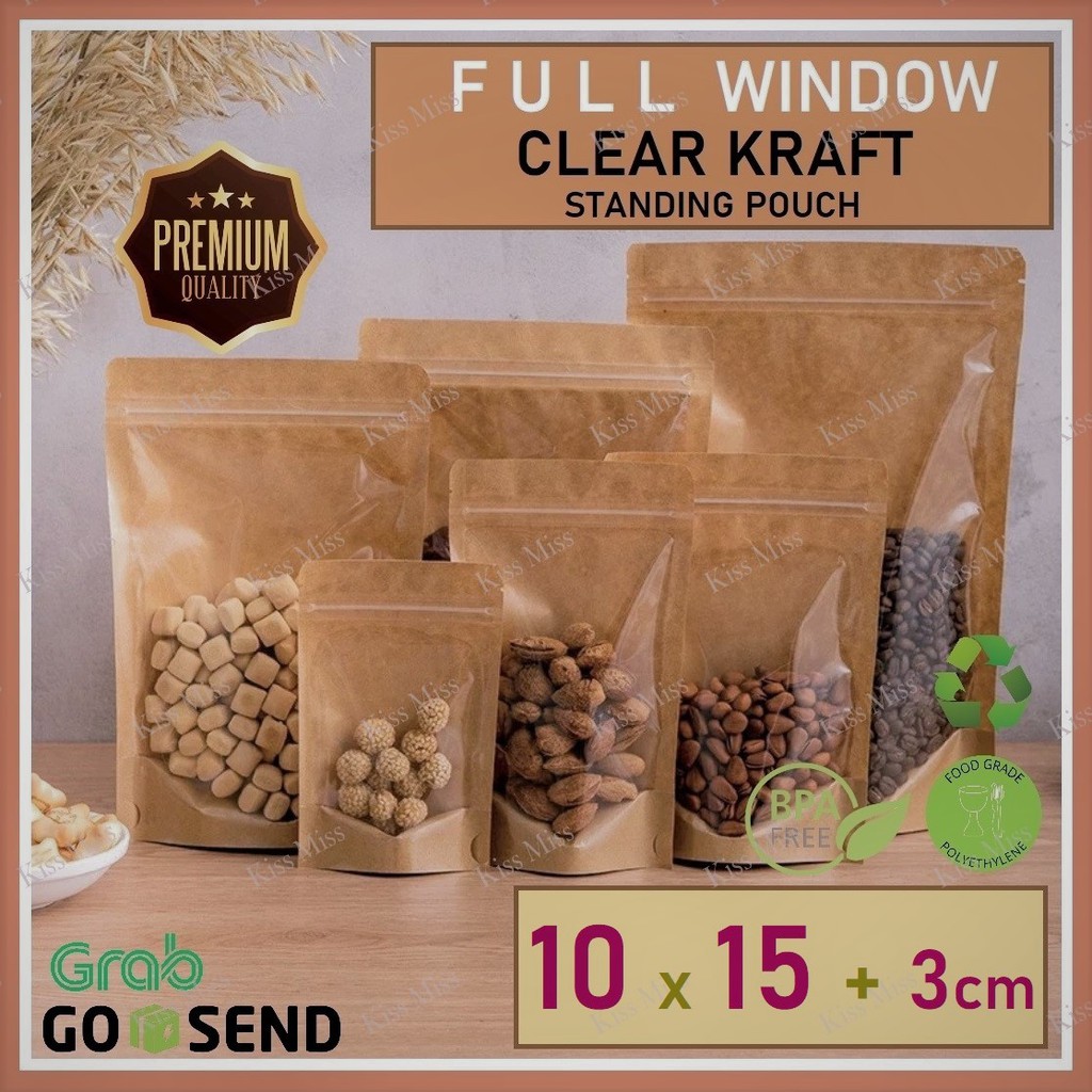 FULL WINDOW CLEAR KRAFT - 10x15cm - standing pouch - ziplock - kemasan bubuk - biji - kopi - coklat