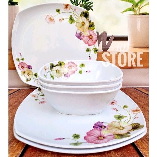 PROMO SET 6.PCS ISI 3.PIRING KOTAK SAJI 3.MANGKOK KOTAK MELAMINE MOTIF ROSE