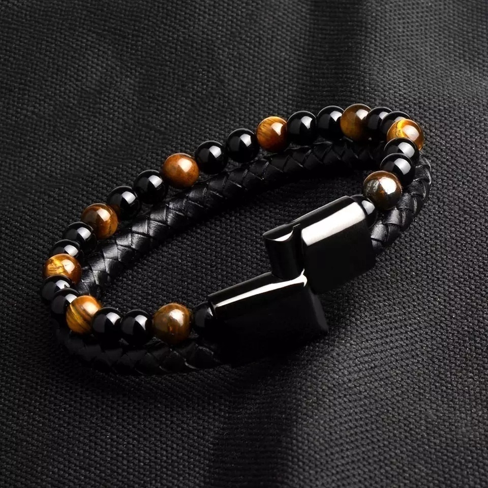 Gelang Tangan Kulit Hitam Aksen Manik-Manik Stainless Steel Untuk Pria