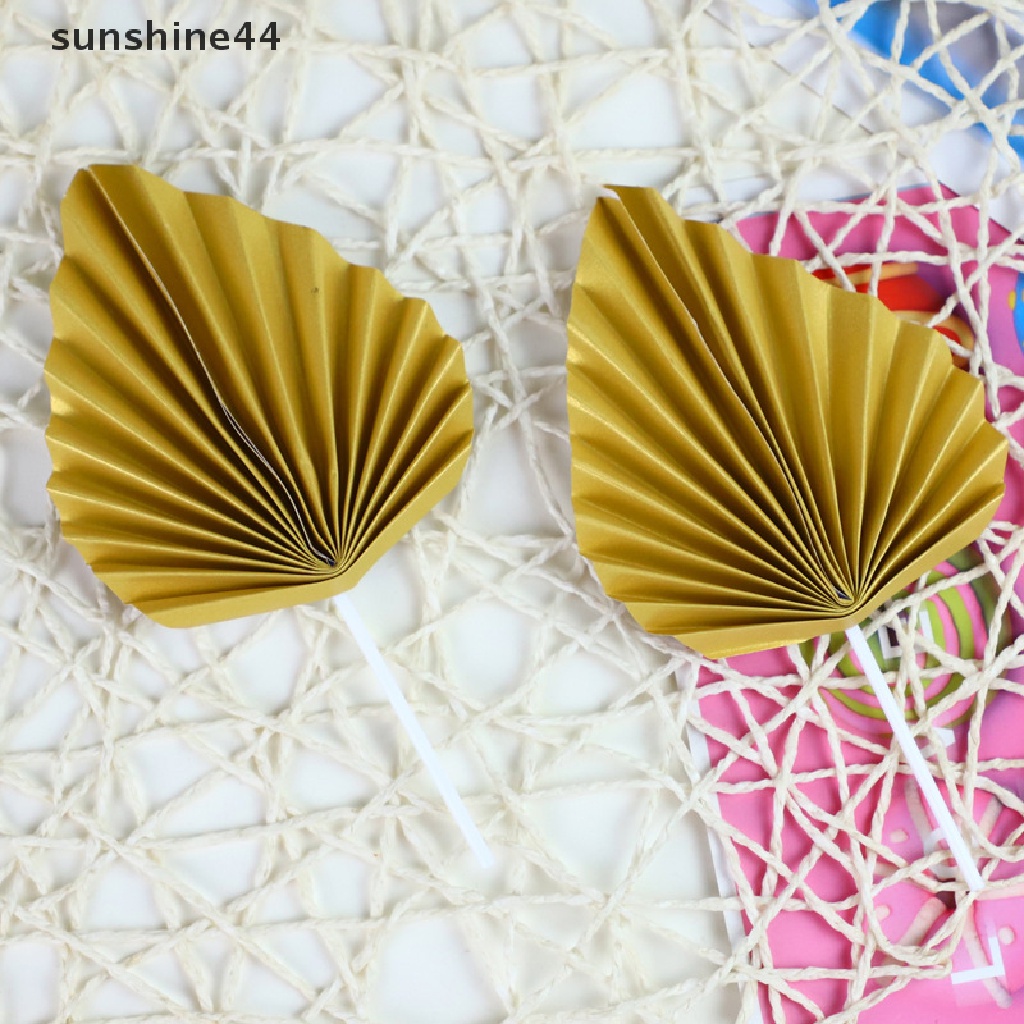 Sunshine 2pcs Topper Kue Bentuk Kipas Bahan Kertas Warna Emas Untuk Dekorasi Pesta Ulang Tahun