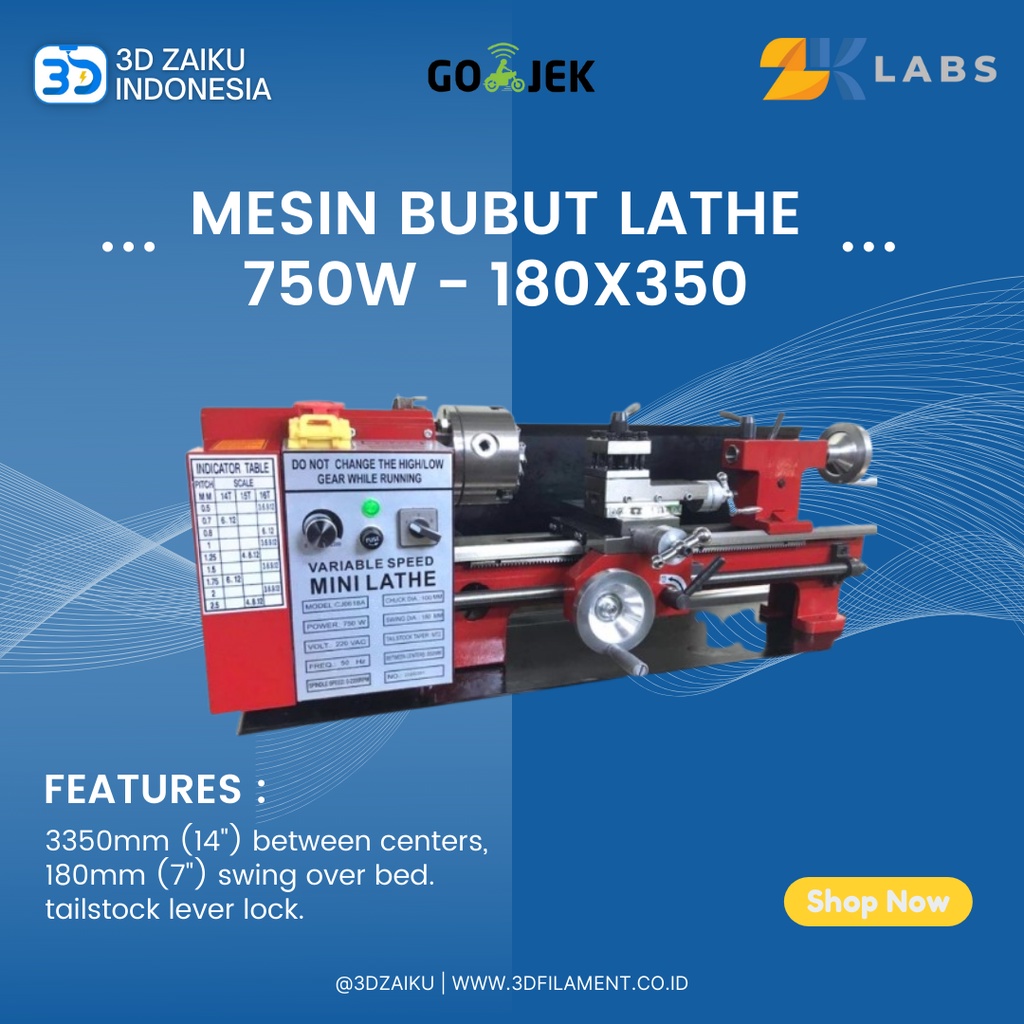 Mesin Bubut Lathe Kayu Besi 750W Brushless 180x350 100mm Chuck