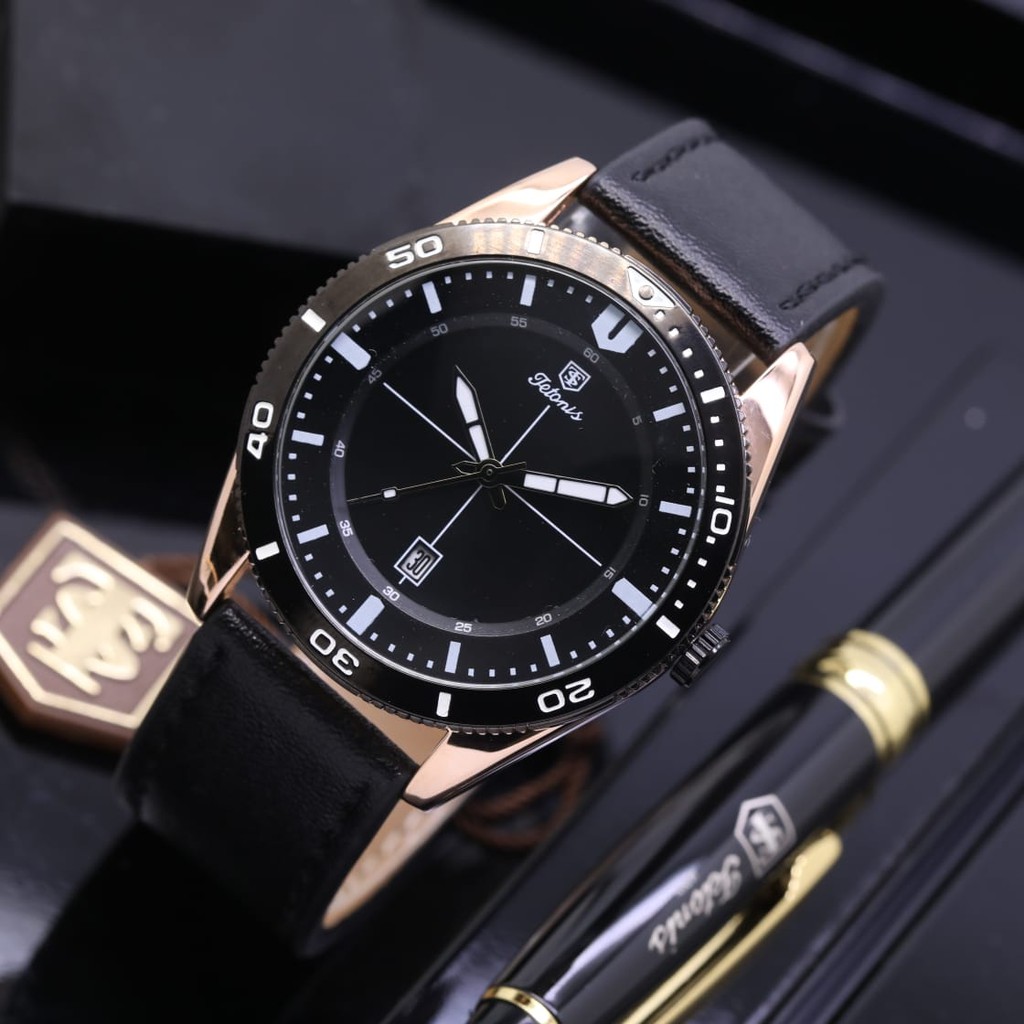 Grosiran Jam Tangan Tetonis Pria 43185TL Analog Tali Kulit Free Baterai Pen dan Box Exclusive (COD)