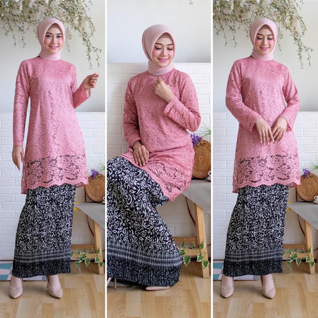 Tunik Alfiana Kebaya Brukat Corneli Tulang Glitter Brokat Timbul Set Kebaya Batik Wisuda Kondangan