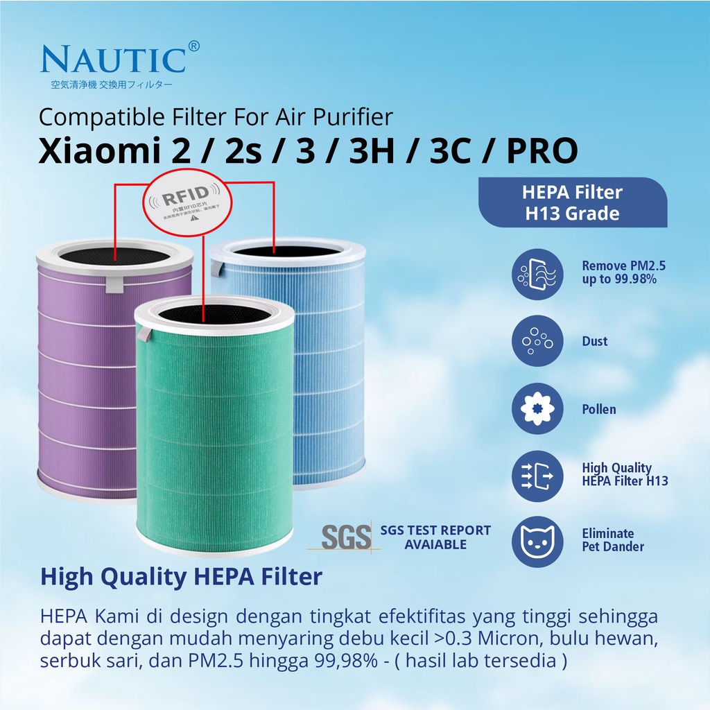 NAUTIC - Xiaomi Mi Air Purifier HEPA Filter Replacement untuk 2 2S 2H 3C 3H Pro.