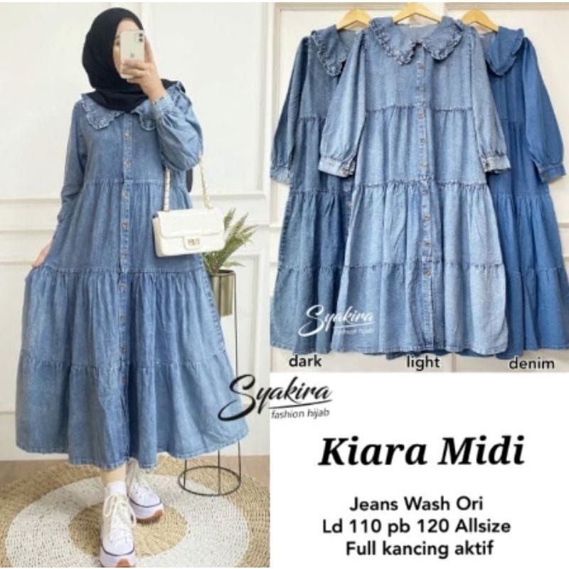 kiara midi dres jeans washed matrial jeans wash bahan lembut adem original  LD 110  PJ  120