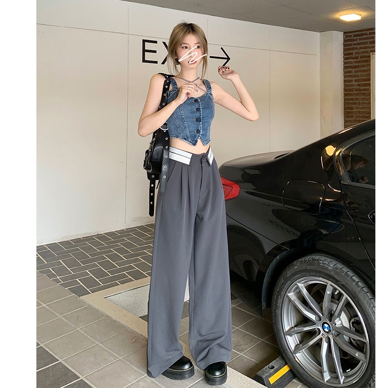 BAOHUAN ~ Korea Hong Kong Abu-abu flanging sesuai dengan lebar kaki celana wanita musim panas pinggang tinggi ruangan mengepel celana kasual celana