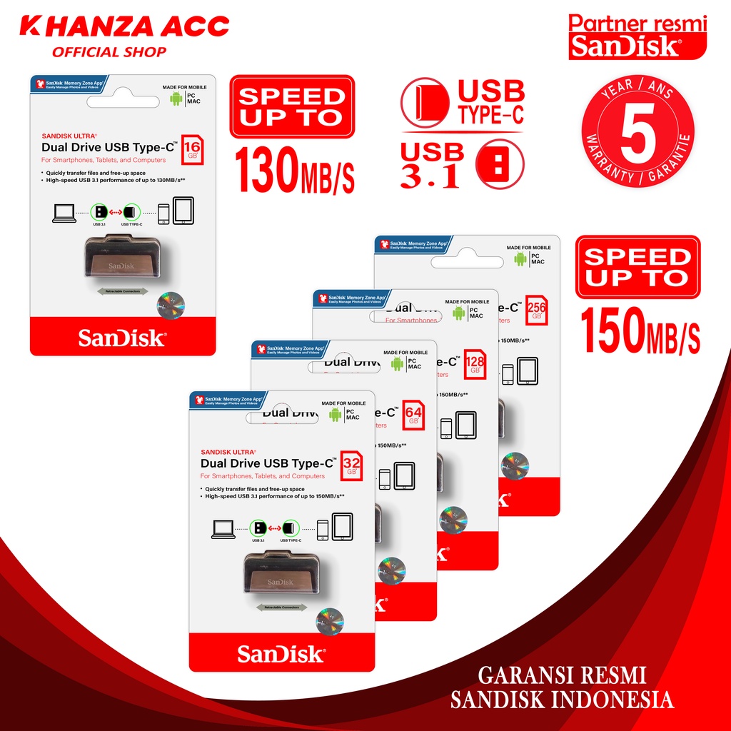 KHANZAACC PROMO FLASHDISK SANDISK 16GB 32GB 64GB 128GB 256GB OTG TYPE C USB 3.1 ULTRA DUAL DRIVE