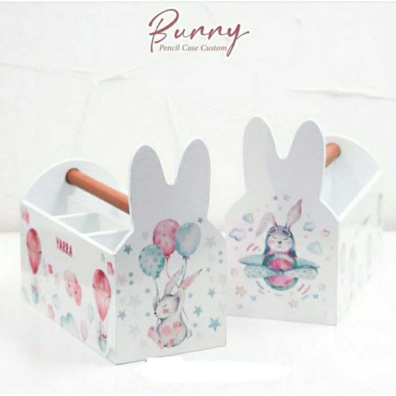

BUNNY PENCIL CASE SMALL Custom Design Nama Anak WOODEN GIFT ULTAH Tempat Pensil SOUVENIR GOODEI BAG ULTAH