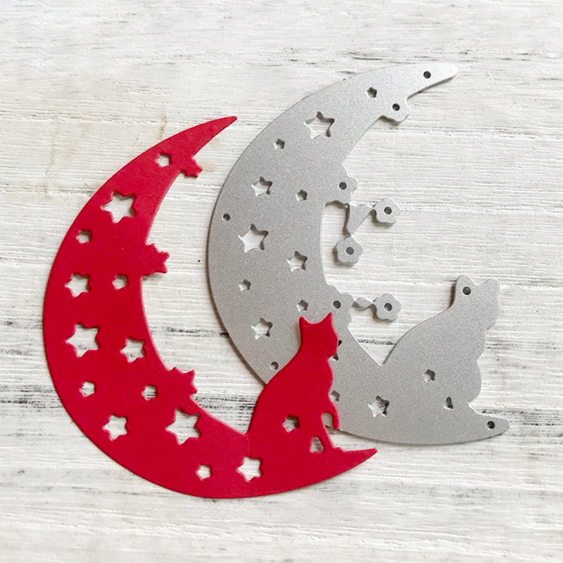 Cetakan Stensil Cutting Dies Motif Kucing Bulan Halloween Bahan Metal Untuk Scrapbook / Craft DIY